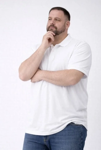 Erkek Pike Kumaş Düğmeli Yaka Battal Büyük Beden Günlük Kısa Kol Tişört T-shirt - Beyaz