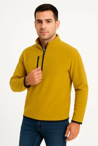 Erkek Polar Kazak – Dik Yaka, Yarım Fermuarlı, Fermuarlı Göğüs Cepli, Siyah Biyeli, Kışlık Rahat Regular Fit Günlük Model - Sarı