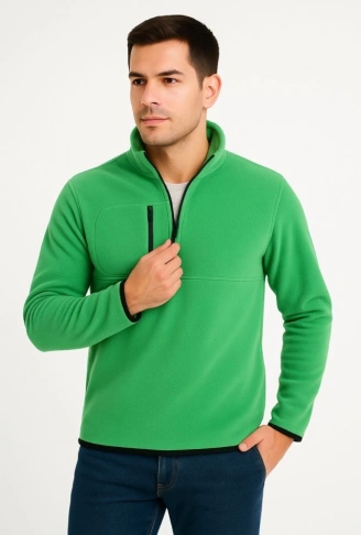 Erkek Polar Kazak – Dik Yaka, Yarım Fermuarlı, Fermuarlı Göğüs Cepli, Siyah Biyeli, Kışlık Rahat Regular Fit Günlük Model - Yeşil