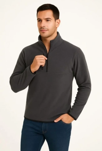 Erkek Polar Kazak – Dik Yaka, Yarım Fermuarlı, Fermuarlı Göğüs Cepli, Siyah Biyeli, Kışlık Rahat Regular Fit Günlük Model - Füme