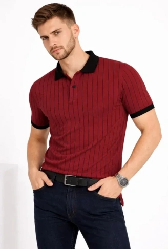 Erkek Polo Yaka Çizgili Tişört Kısa Kol Düğmeli Yazlık T-Shirt - Bordo