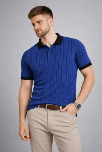 Erkek Polo Yaka Çizgili Tişört Kısa Kol Düğmeli Yazlık T-Shirt - Saks Mavisi