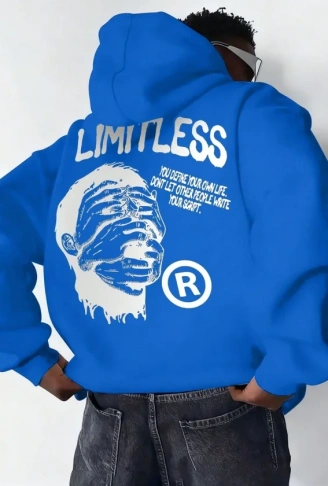 Erkek Premium Baskılı Kapşonlu Sweatshirt Üç İplik İçi Pamuklu Kanguru Cepli - Saks Mavisi