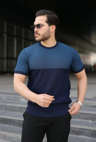 Erkek Renk Bloklu Bisiklet Yaka Kısa Kollu Triko Tişört