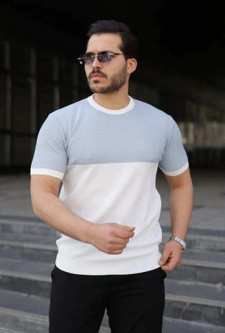 Erkek Renk Bloklu Bisiklet Yaka Kısa Kollu Triko Tişört