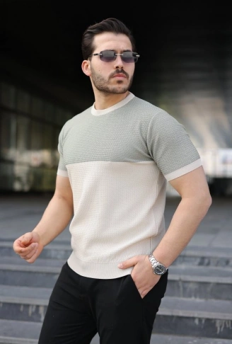 Erkek Renk Bloklu Bisiklet Yaka Kısa Kollu Triko Tişört