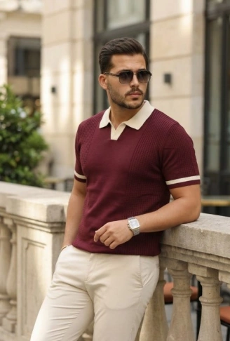 Erkek Renkli Yakalı File Desenli Kısa Kollu Tişört