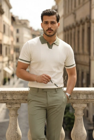 Erkek Renkli Yakalı File Desenli Kısa Kollu Tişört