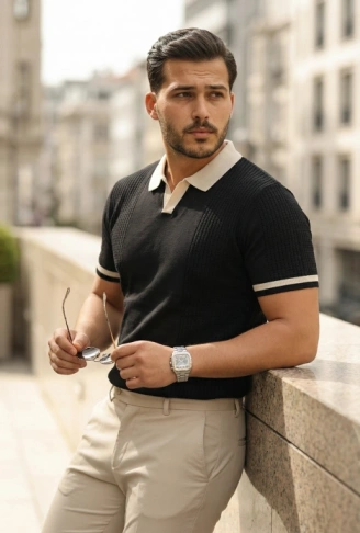 Erkek Renkli Yakalı File Desenli Kısa Kollu Tişört