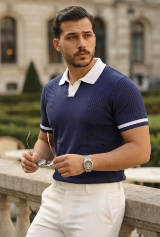 Erkek Renkli Yakalı File Desenli Kısa Kollu Tişört