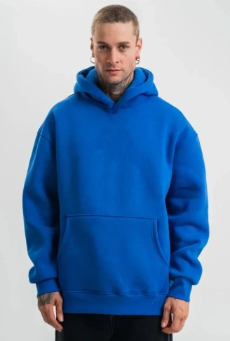 Erkek Saks Mavi Double Oversize 3 İplik Pamuklu Kapüşonlu Kanguru Cepli Sweatshirt Hoodie - Saks Mavi