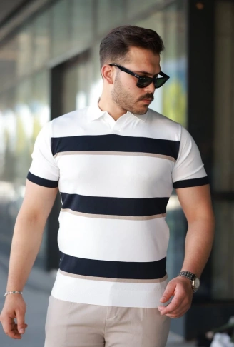 Erkek şerit Desenli Hemşire Yaka Kısa Kollu Tişört