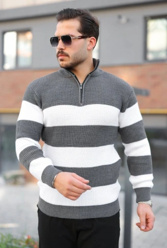 Erkek Şerit Renk Desenli Zip Yaka Kazak