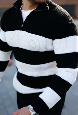 Erkek Şerit Renk Desenli Zip Yaka Kazak