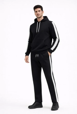 Erkek Şeritli Eşofman Takım Kapüşonlu Sweatshirt Boru Paça Alt, Oversize 3 Iplik Pamuklu - Siyah