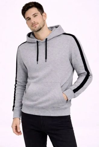 Erkek Şeritli Kapüşonlu Sweatshirt Oversize 3 Iplik Pamuklu - Gri