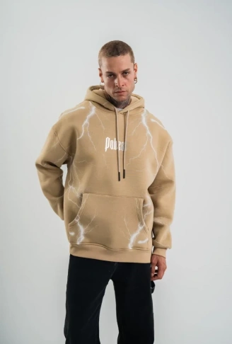 Erkek Şimşek Baskılı Kapşonlu Sweatshirt Üç İplik Pamuklu Kanguru Cepli Double Oversize Hoodie - Bej