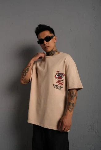 Erkek Sırt Baskılı A Kalite Oversize T-shirt - Bej