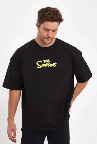 Erkek Sırt Baskılı Bisiklet Yaka Oversize T-shirt - Siyah