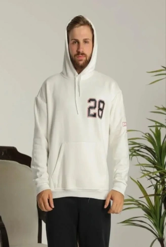 Erkek Sırt Baskılı Oversize Üç İplik Kapüşonlu Sweatshirt - Beyaz