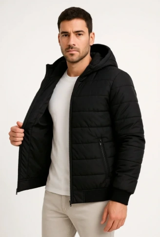 Erkek Şişme Kapüşonlu Fermuarlı Mont Su Itici Kapitone Astarlı Kumaş Cepli Kışlık Rahat Kalıp - Siyah