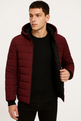 Erkek Şişme Kapüşonlu Fermuarlı Mont Su Itici Kapitone Astarlı Kumaş Cepli Kışlık Rahat Kalıp - Bordo
