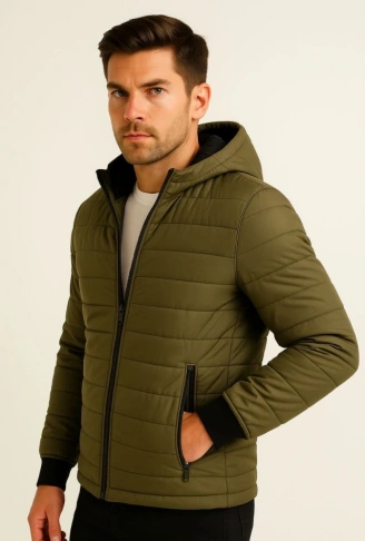 Erkek Şişme Kapüşonlu Fermuarlı Mont Su Itici Kapitone Astarlı Kumaş Cepli Kışlık Rahat Kalıp - Haki