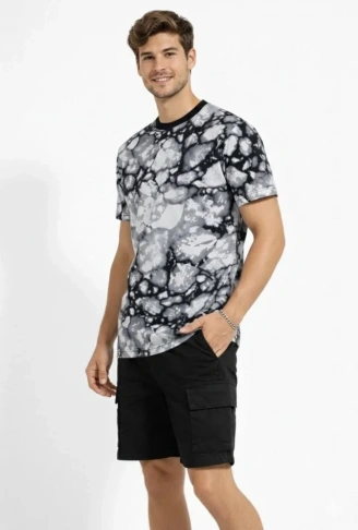 Erkek Siyah Gri Taş Desenli Tişört – Regular Fit, Bisiklet Yaka, Dijital Baskılı Modern Tasarım T-Shirt - Siyah