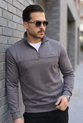 Erkek Süet Yarım Fermuar Dik Yaka Sweat
