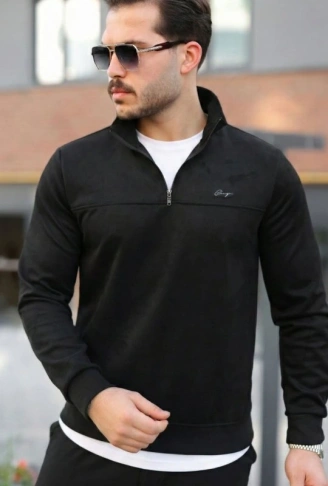 Erkek Süet Yarım Fermuar Dik Yaka Sweat
