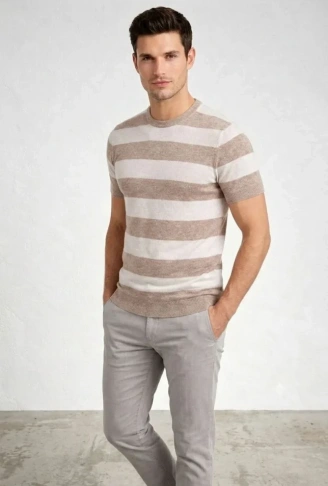 Erkek T-shirt Çizgili Triko Dokuma Bisiklet Yaka Tişört - Bej