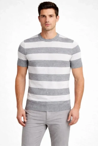 Erkek T-shirt Çizgili Triko Dokuma Bisiklet Yaka Tişört - Gri