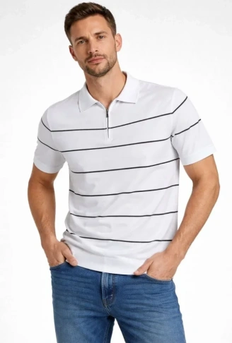 Erkek T-shirt Çizgili Triko Dokuma Kumaş Polo Yaka Yarım Fermuarlı Regular Kalıp Tişört - Beyaz