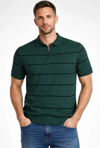 Erkek T-shirt Çizgili Triko Dokuma Kumaş Polo Yaka Yarım Fermuarlı Regular Kalıp Tişört - Çağla Yeşili
