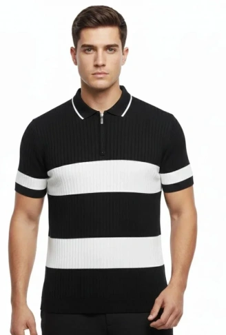 Erkek T-shirt Çizgili Triko Dokuma Kumaş Polo Yaka Yarım Fermuarlı Regular Kalıp Tişört - Siyah