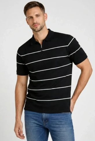 Erkek T-shirt Çizgili Triko Dokuma Kumaş Polo Yaka Yarım Fermuarlı Regular Kalıp Tişört - Siyah