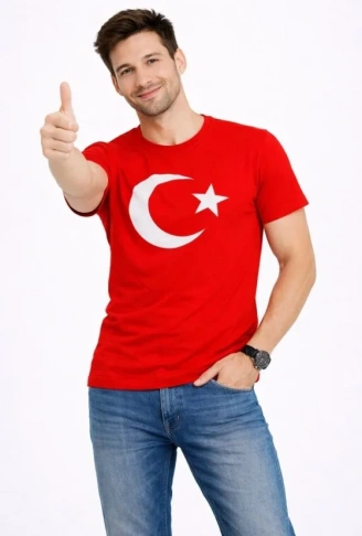 Erkek T-Shirt Kısa Kol Bisiklet Yaka Ay Yıldız Bayrak Baskılı Tişört - Kırmızı