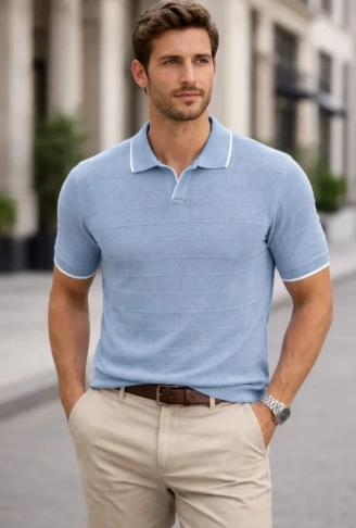 Erkek Triko Kumaş Yakalı Düğmesiz Açık Yaka Fitilli Kısa Kollu Regular Fit Tişört T-shirt - Bebek Mavisi