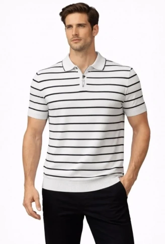 Erkek Triko Polo Yaka Fermuarlı Çizgili Tişört T-Shirt Yazlık Şık - Beyaz