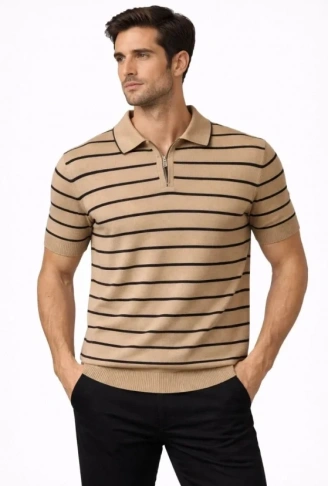 Erkek Triko Polo Yaka Fermuarlı Çizgili Tişört T-Shirt Yazlık Şık - Kahverengi