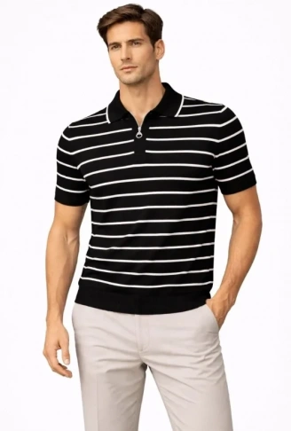 Erkek Triko Polo Yaka Fermuarlı Çizgili Tişört T-Shirt Yazlık Şık - Siyah