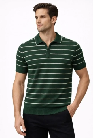 Erkek Triko Polo Yaka Fermuarlı Çizgili Tişört T-Shirt Yazlık Şık - Yeşil