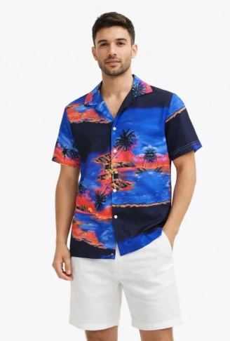 Erkek Tropikal Ada Manzara Desenli Kısa Kol Gömlek Hawaii Tarz Yazlık Rahat Kalıp - Desenli