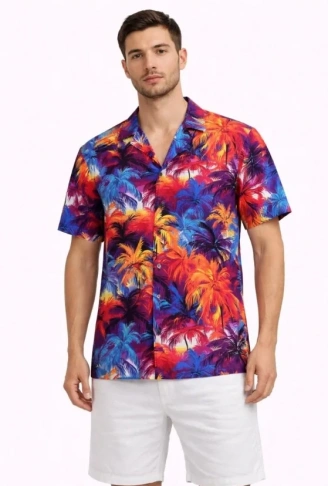 Erkek Tropikal Desenli Kısa Kol Gömlek Rahat Kalıp Yazlık Hawaii Tarz - Desenli