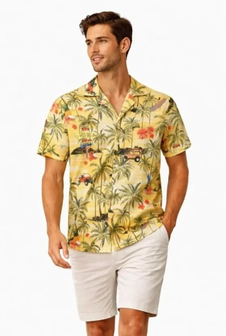 Erkek Tropikal Palmiye Desenli Kısa Kol Gömlek Hawaii Tarz Yazlık Rahat Kalıp - Desenli