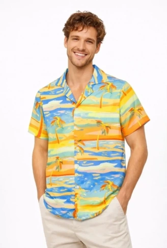 Erkek Tropikal Palmiye Desenli Kısa Kol Gömlek Yazlık Beach Tarz Rahat Kalıp - Desenli