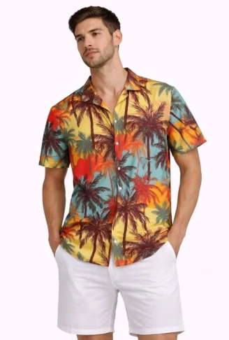 Erkek Tropikal Palmiye Desenli Kısa Kol Gömlek Yazlık Rahat Kalıp Dijital Baskılı - Desenli