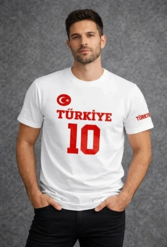 Erkek TÜRKİYE Ay Yıldız Baskılı 10 Numara Forma Tişört Taraftar T-Shirt - Beyaz