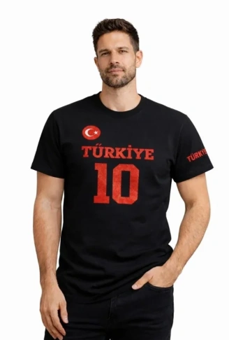 Erkek TÜRKİYE Ay Yıldız Baskılı 10 Numara Forma Tişört Taraftar T-Shirt - Siyah