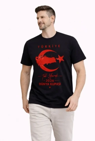 Erkek TÜRKİYE Ay Yıldız Baskılı Taraftar Forma T-Shirt - Siyah